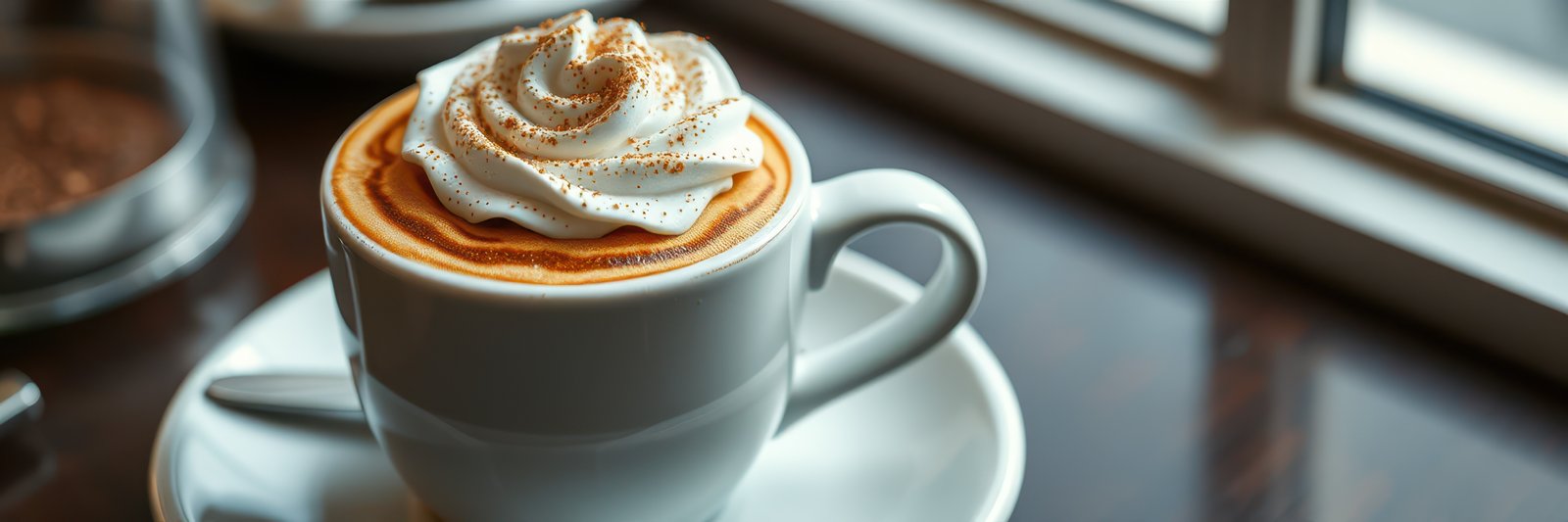 Delicious cappuccino served in a white cup on a saucer beside a window in a cozy cafe setting